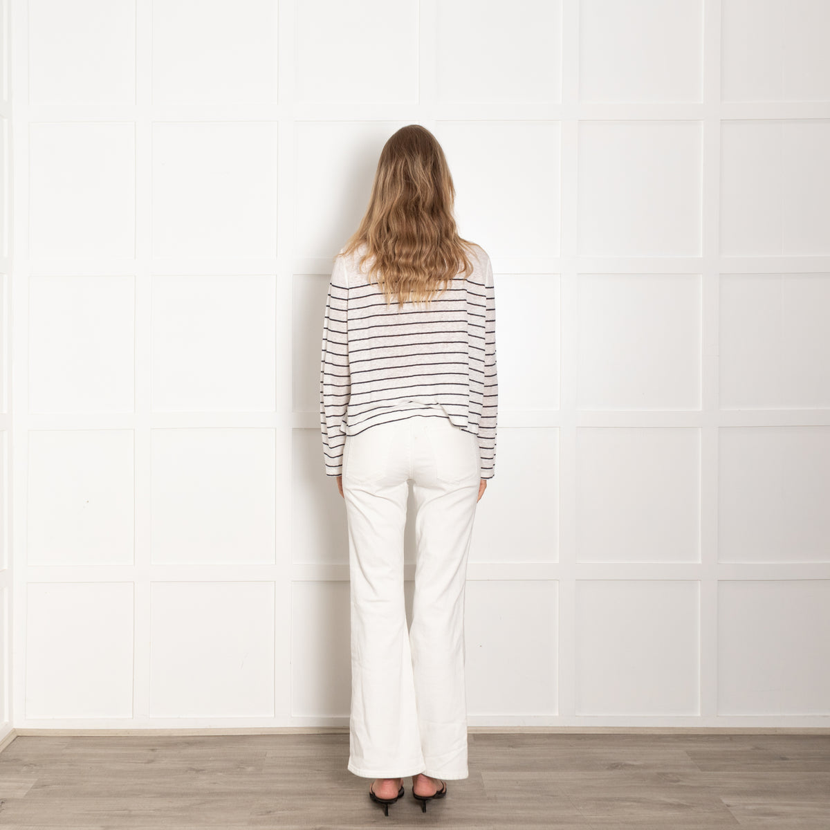 Vince White Navy Striped Linen Long Sleeve Top
