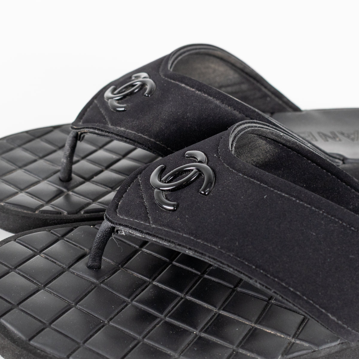 Chanel Black Cloth Rubber Quilted Sole Flip Flops