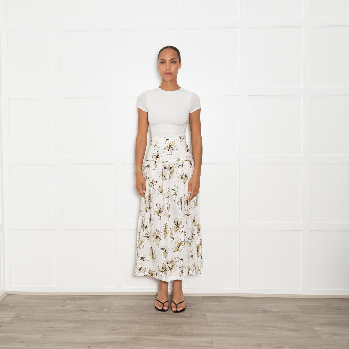 Bec + Bridge White Lily Print Linen Maxi Skirt UK 6