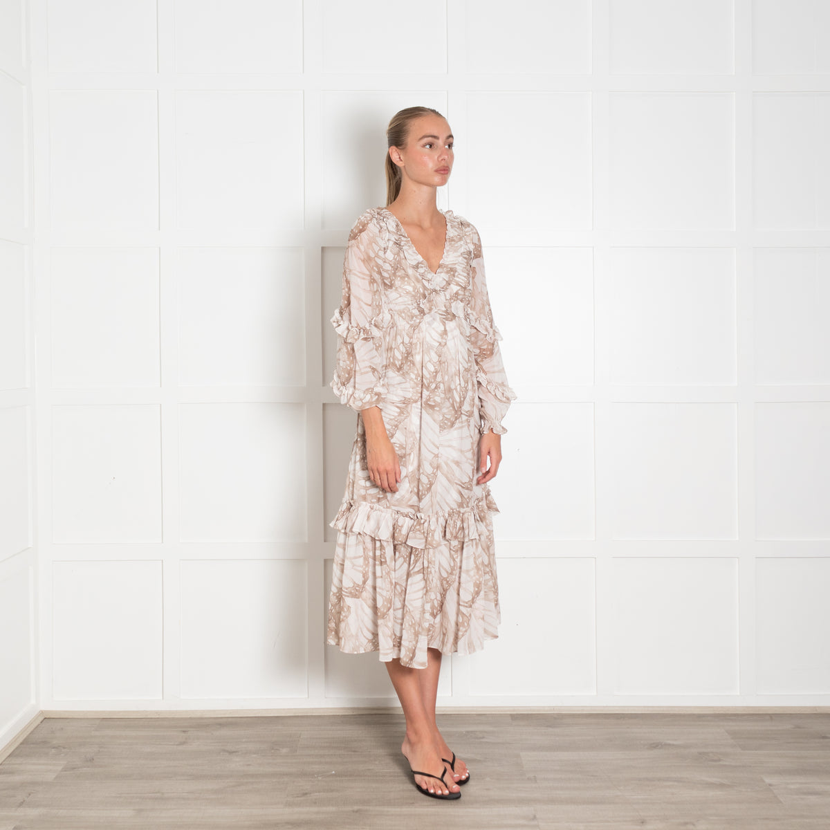 Needle & Thread Cream Beige Print Sleeved Ruffle Detail Maxi Dress