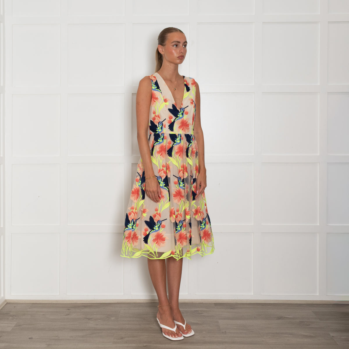 Alice + Olivia Beige Orange Neon Green Bird Embroidered Dress