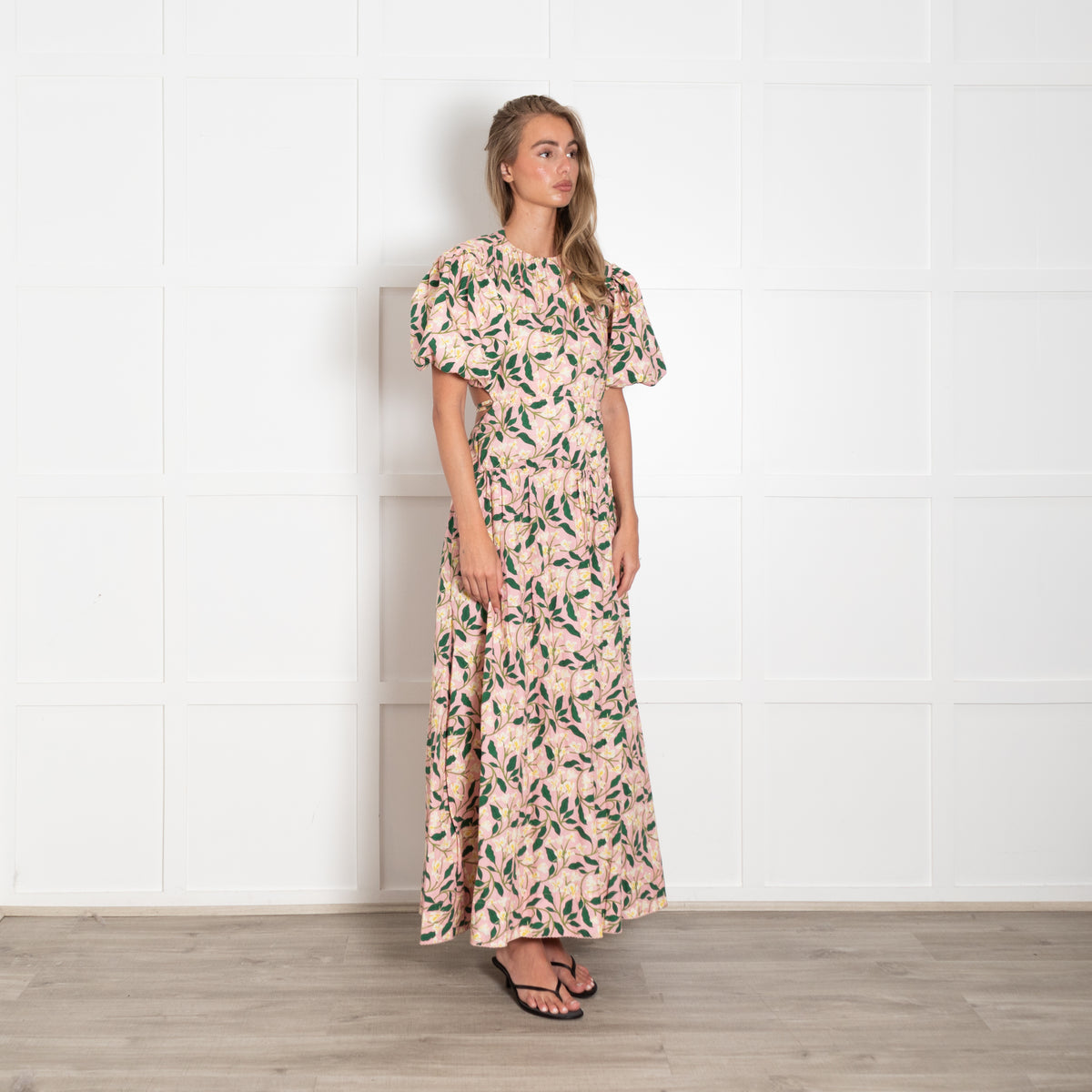 Agua Bendita Pink Green Floral Backless Puff Sleeve Maxi Dress