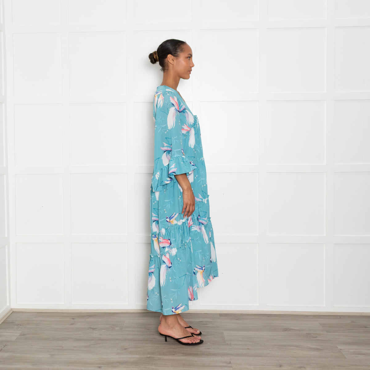 Borgo de Nor Turquoise Bird Print Tiered Maxi Dress