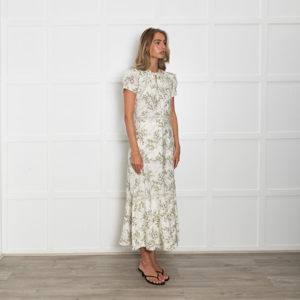 Me + Em Cream and Green Leaf Print Midi Dress