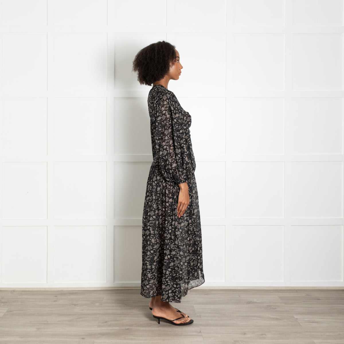 Isabel Marant Etoile Black Beige Floral Print Sleeved Maxi Dress