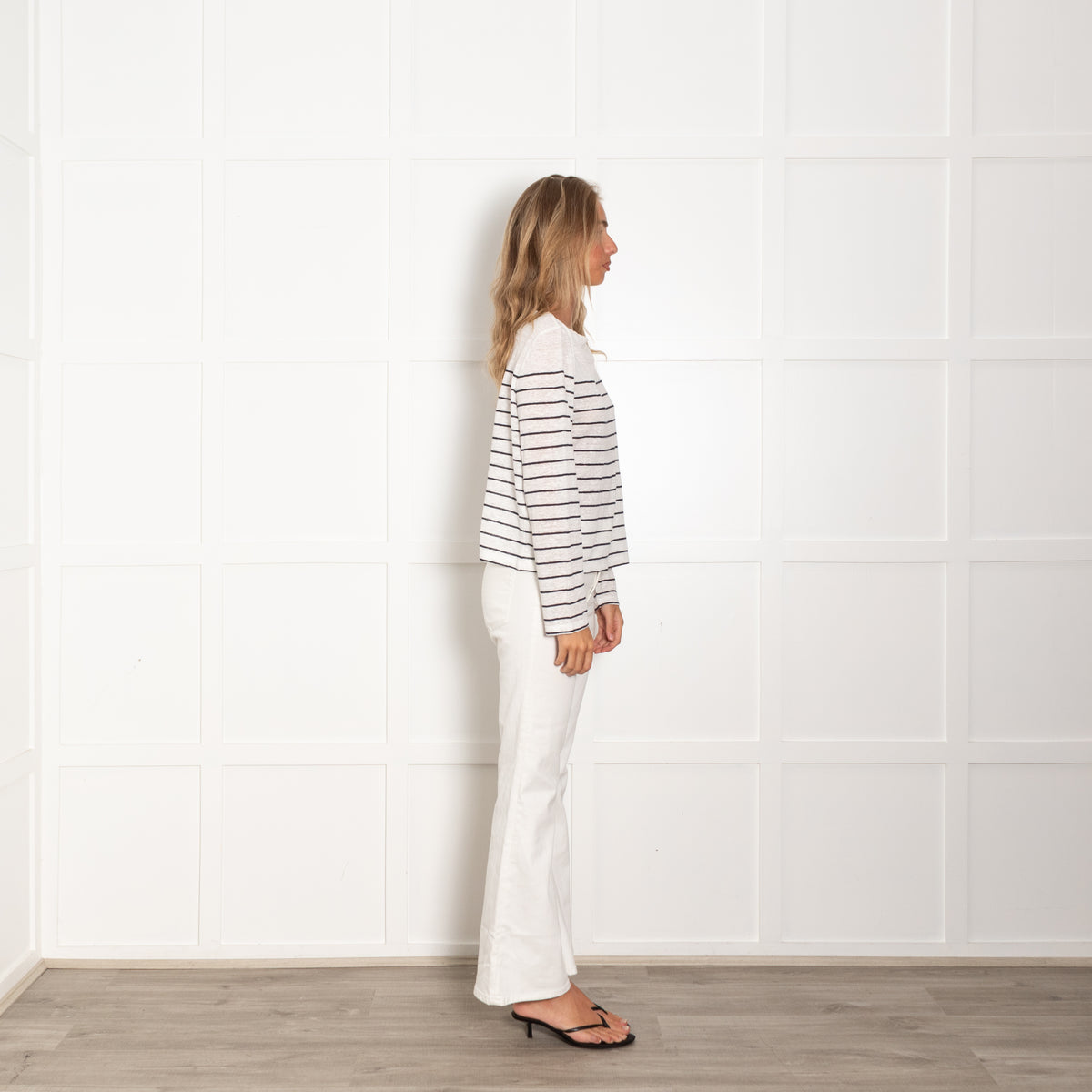 Vince White Navy Striped Linen Long Sleeve Top