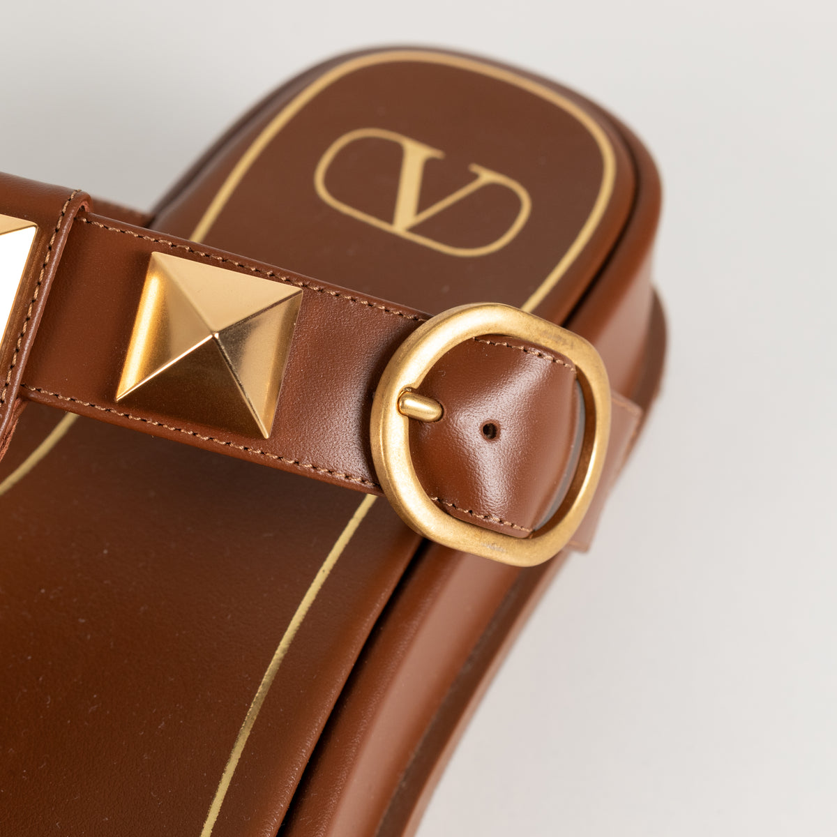 Valentino Brown Leather Roman Gold Rockstud Platform Sandals