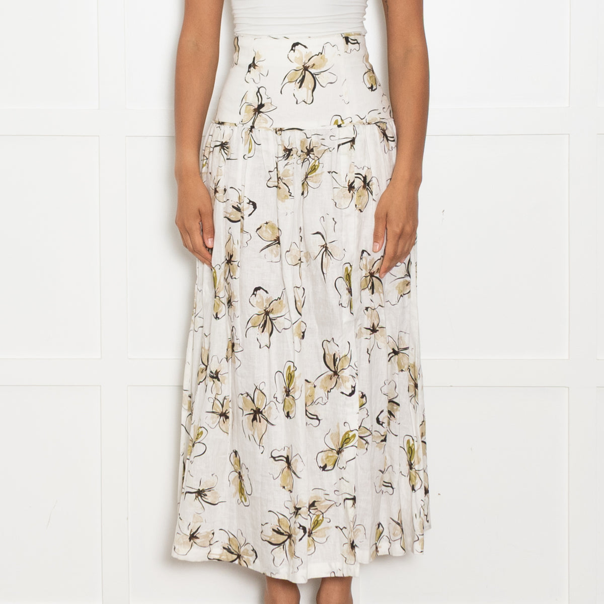 Bec + Bridge White Lily Print Linen Maxi Skirt UK 6