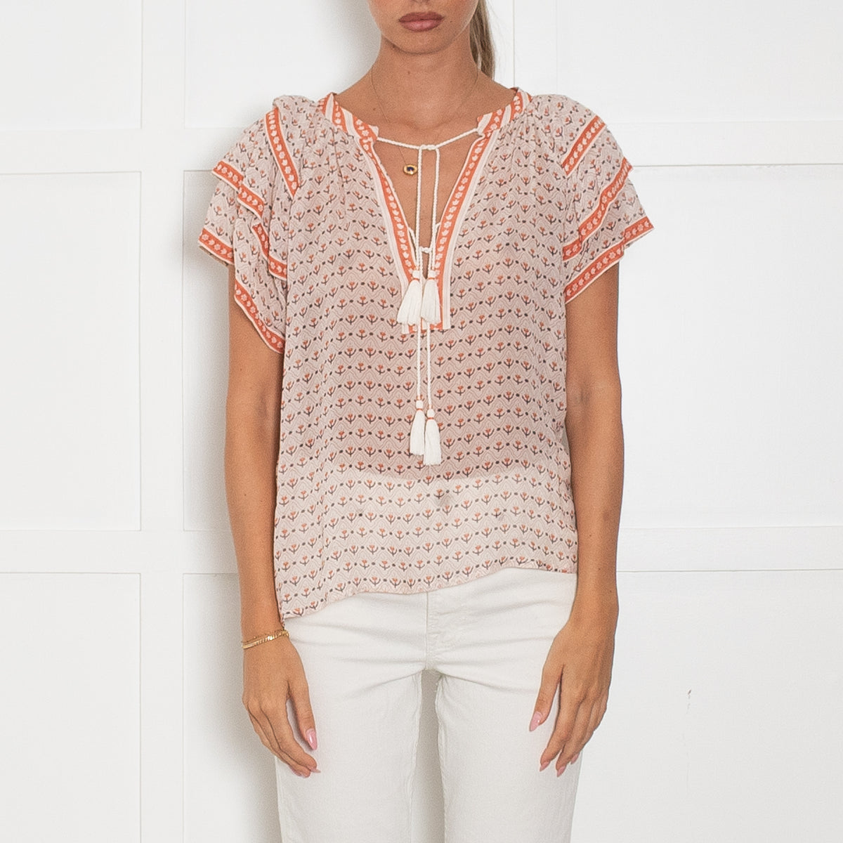 Ulla Johnson Orange Cream Black Flower Print Tassel Tie Frill Sleeve Silk Top