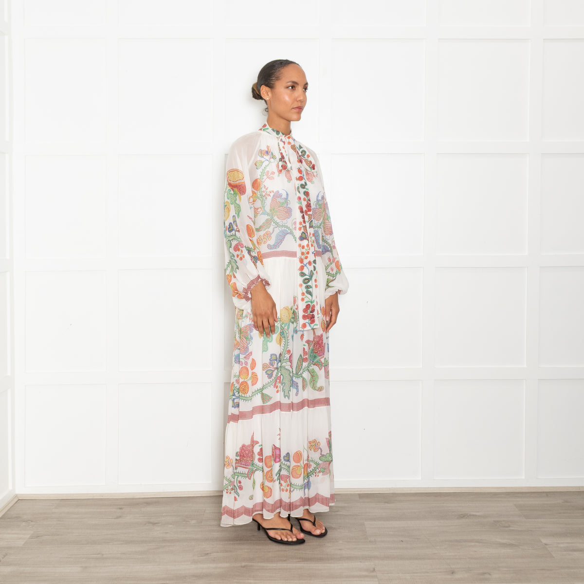 La Double J White Multi Floral Athena Silk Chiffon Maxi Dress