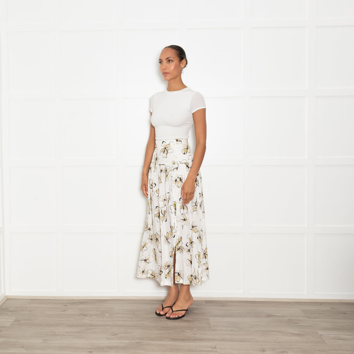 Bec + Bridge White Lily Print Linen Maxi Skirt UK 6