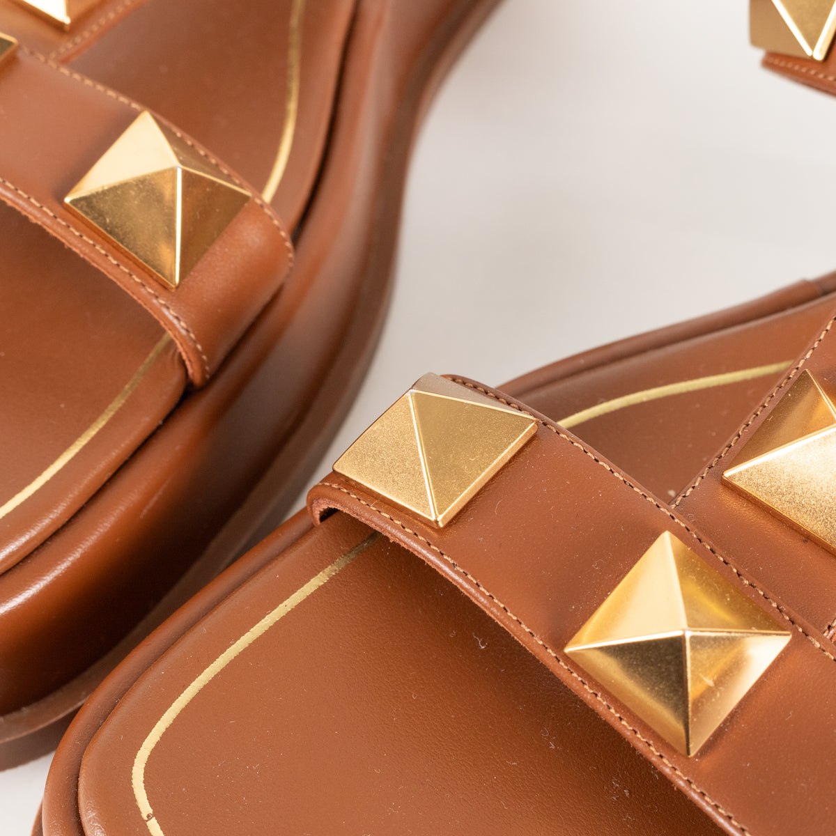 Valentino Brown Leather Roman Gold Rockstud Platform Sandals
