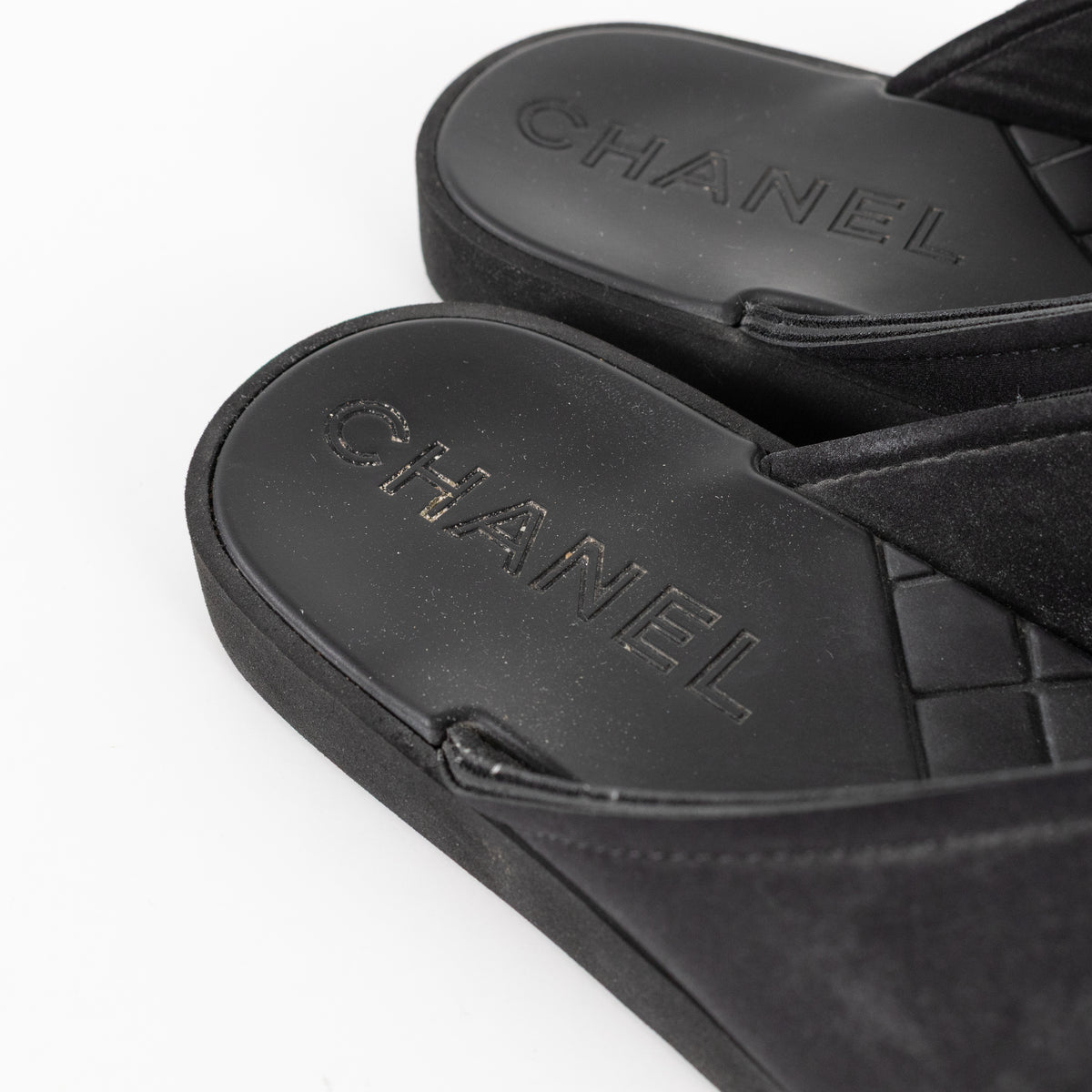 Chanel Black Cloth Rubber Quilted Sole Flip Flops