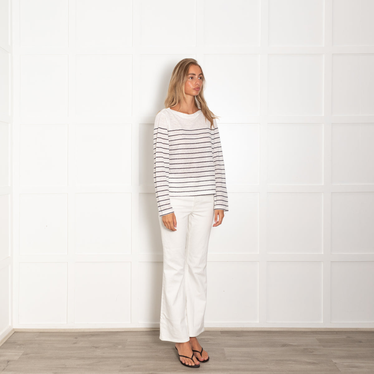 Vince White Navy Striped Linen Long Sleeve Top