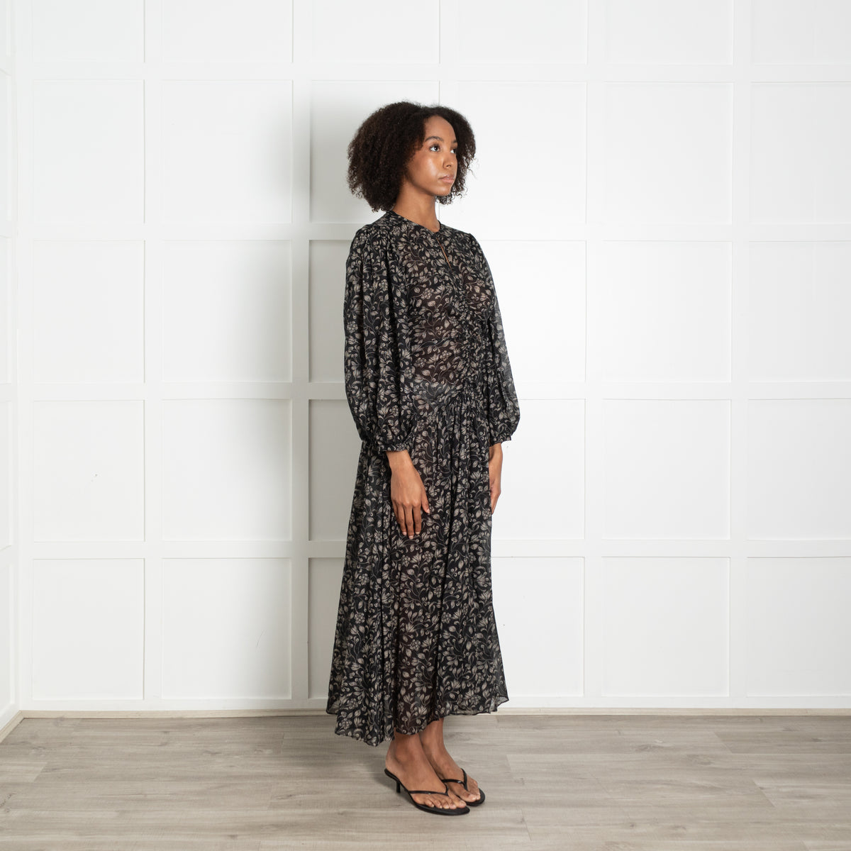Isabel Marant Etoile Black Beige Floral Print Sleeved Maxi Dress