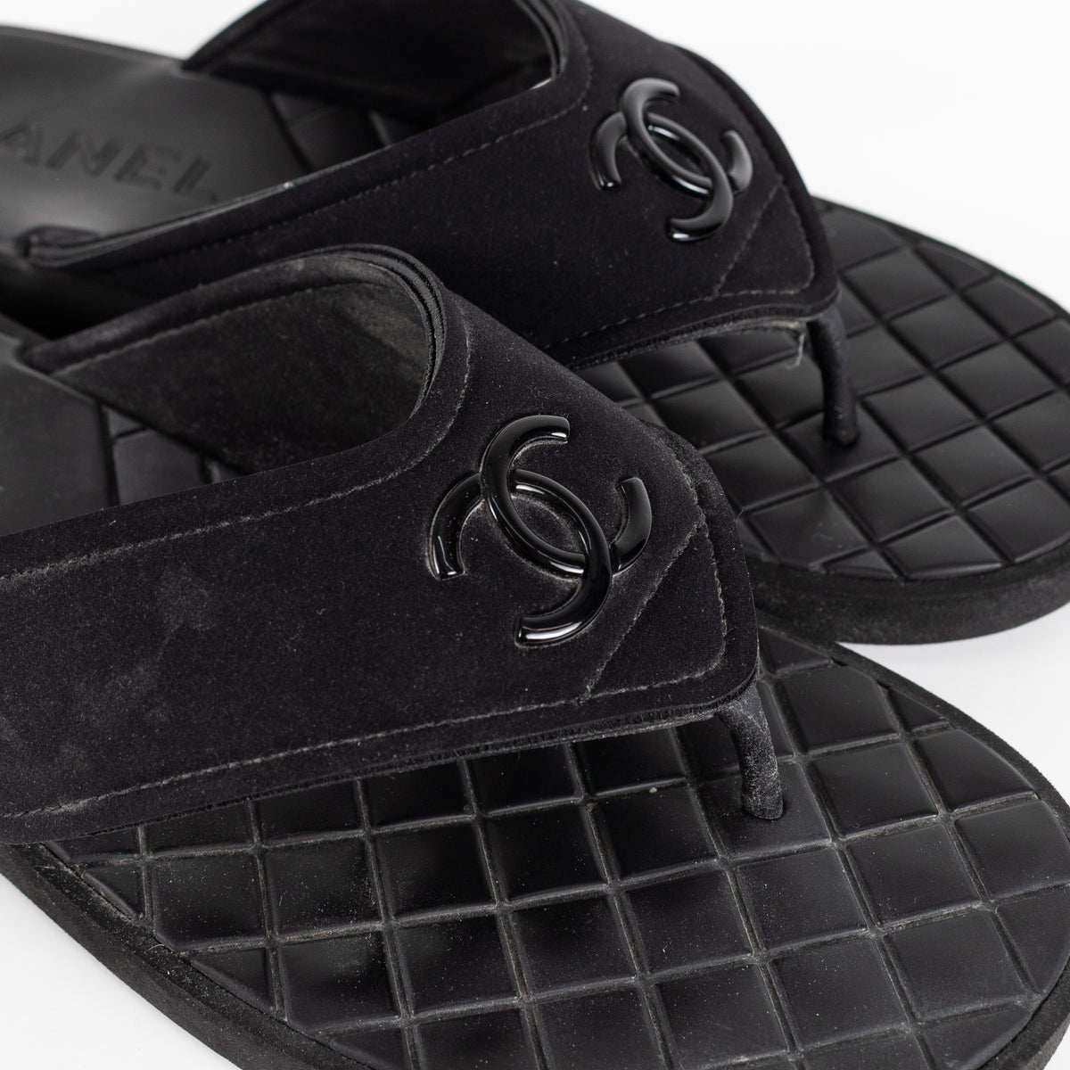 Chanel Black Cloth Rubber Quilted Sole Flip Flops