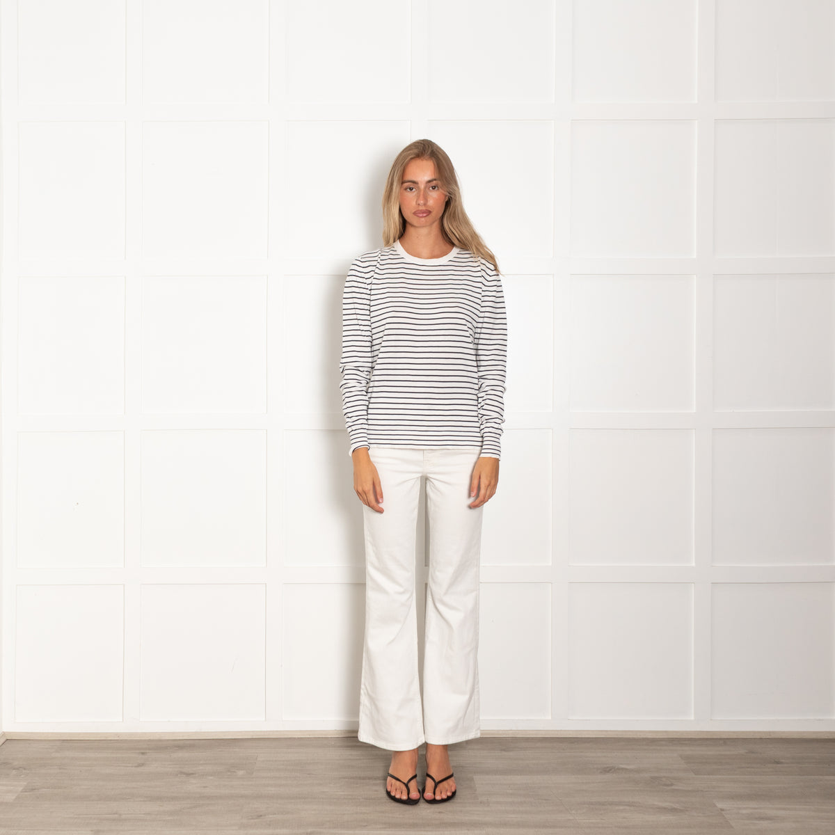 Aspesi Cream Navy Striped Cotton Fine Sweater