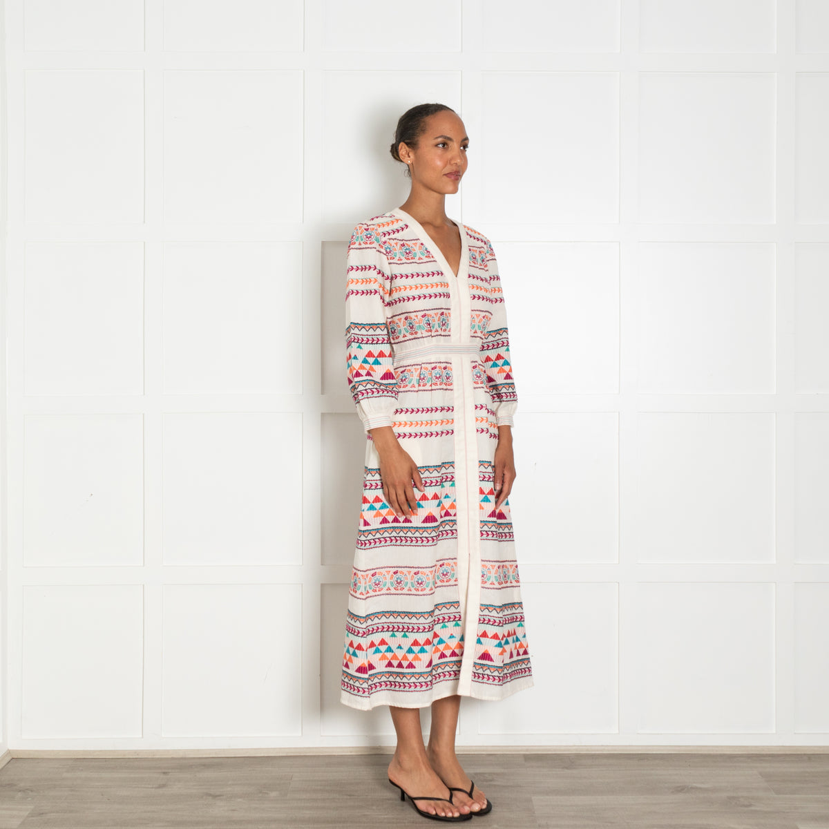 Aspiga Cream Multi Coloured Embroidered Cotton Dress