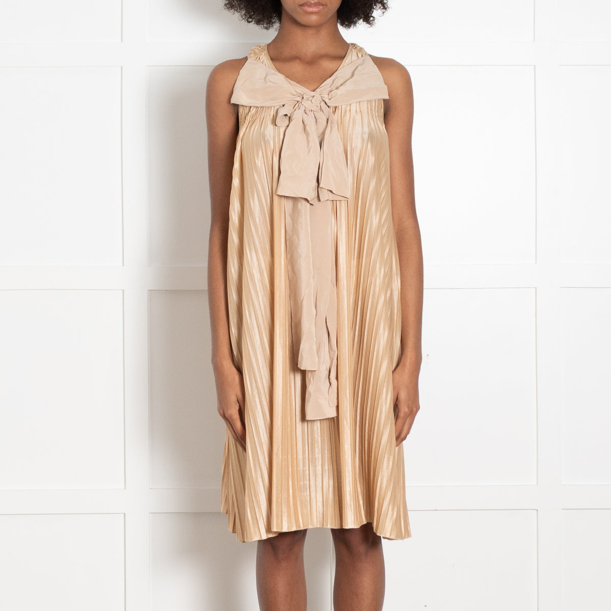 Chloe Light Tan Pleated Bow Detail Sleeveless Dress