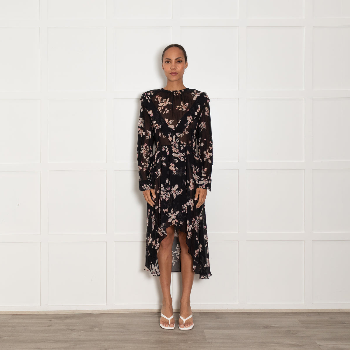 Iro Sheer Black Midi Dress with Pink Flowers