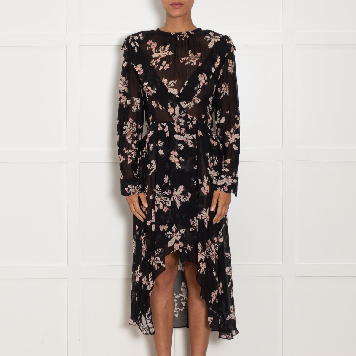 Iro Sheer Black Midi Dress with Pink Flowers