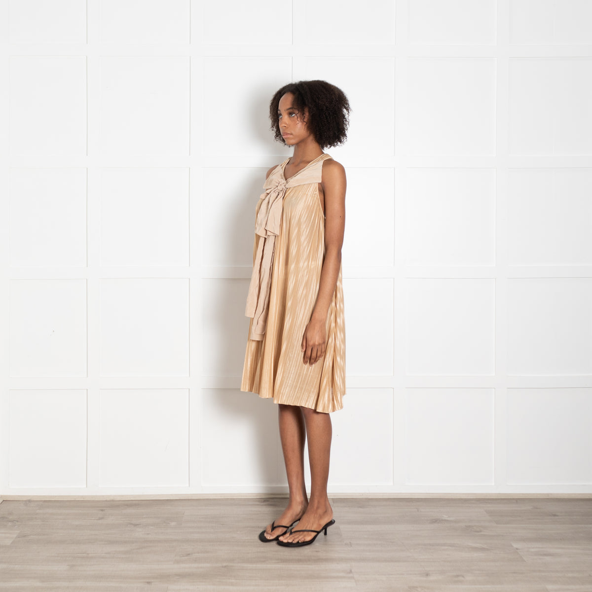 Chloe Light Tan Pleated Bow Detail Sleeveless Dress