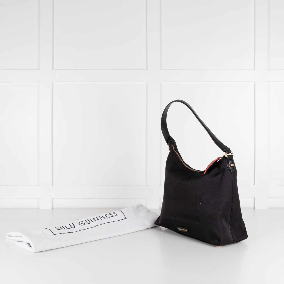 Lulu Guinness Black Canvas Shoulder Bag with Lips Charm