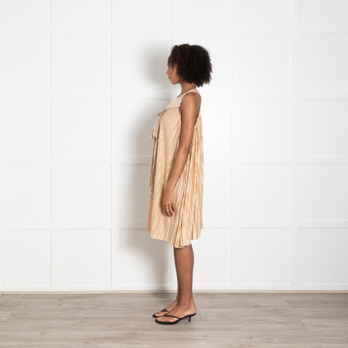 Chloe Light Tan Pleated Bow Detail Sleeveless Dress