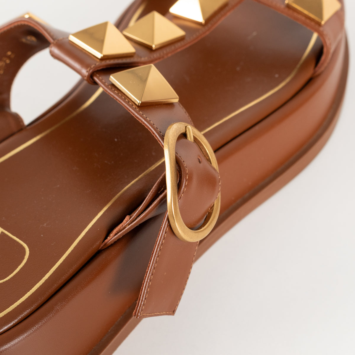 Valentino Brown Leather Roman Gold Rockstud Platform Sandals