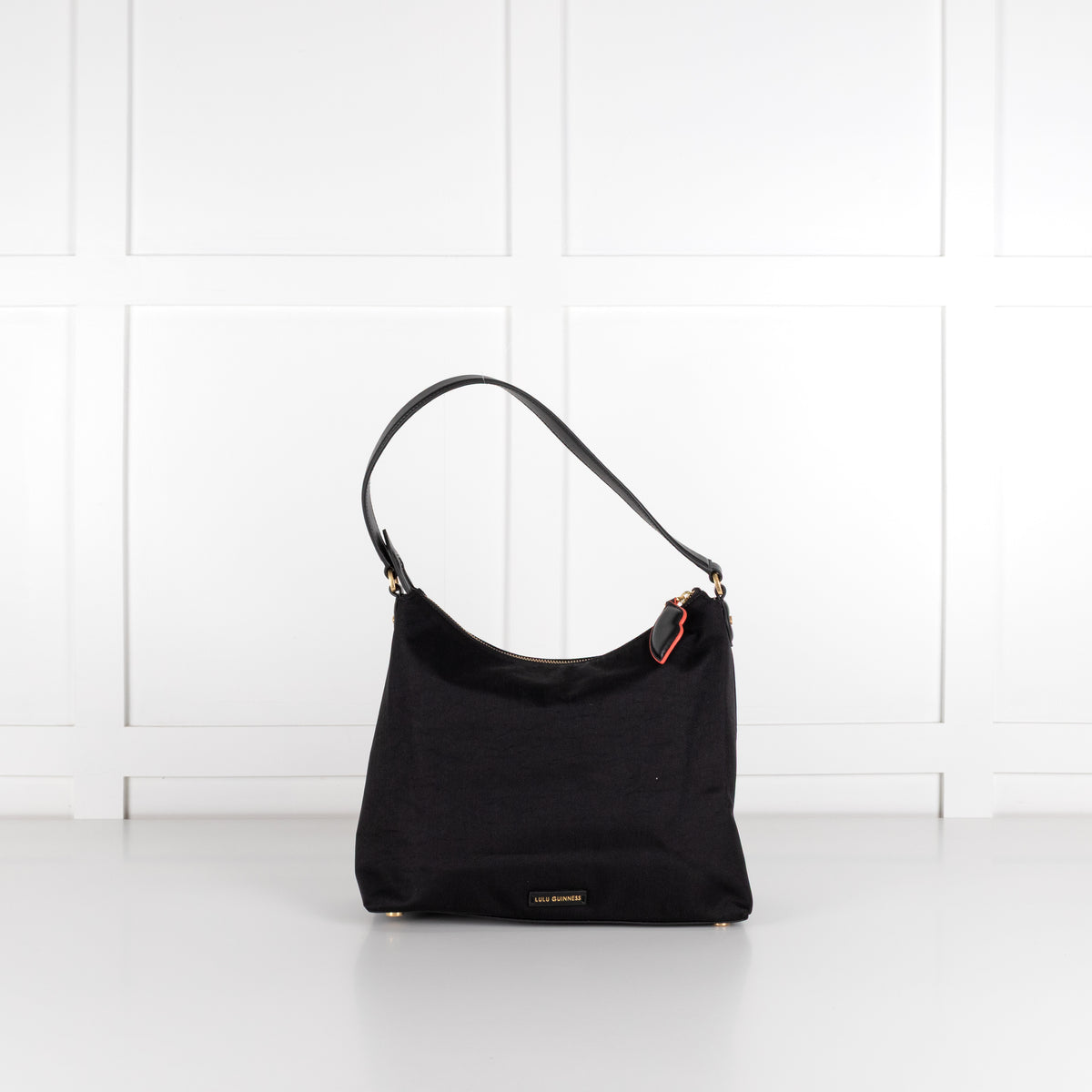 Lulu Guinness Black Canvas Shoulder Bag with Lips Charm