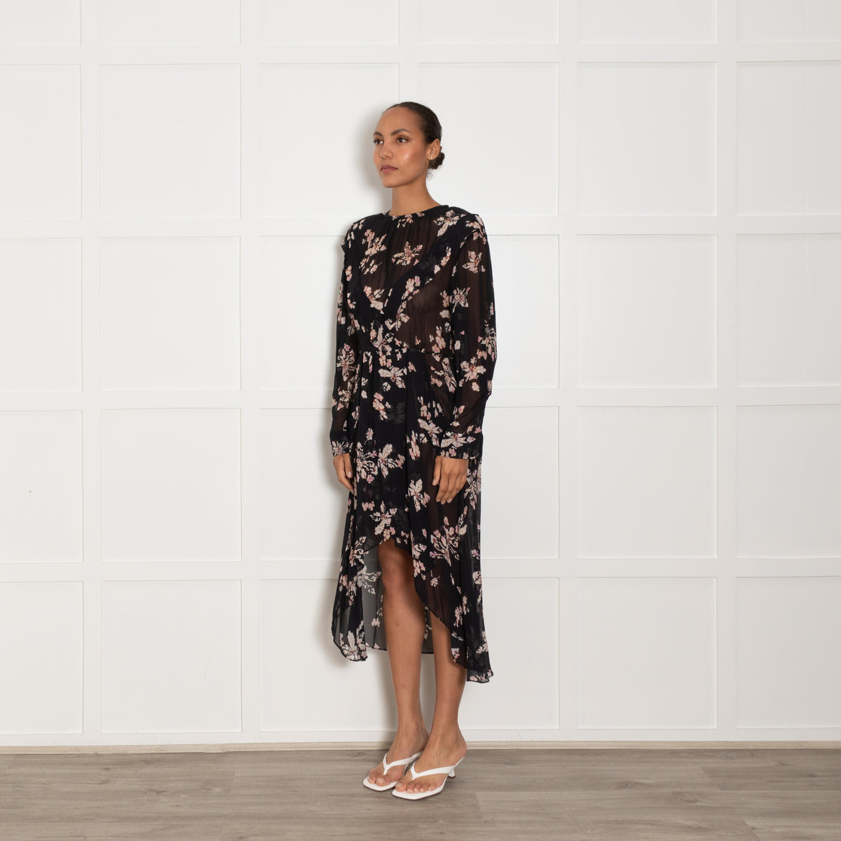 Iro Sheer Black Midi Dress with Pink Flowers