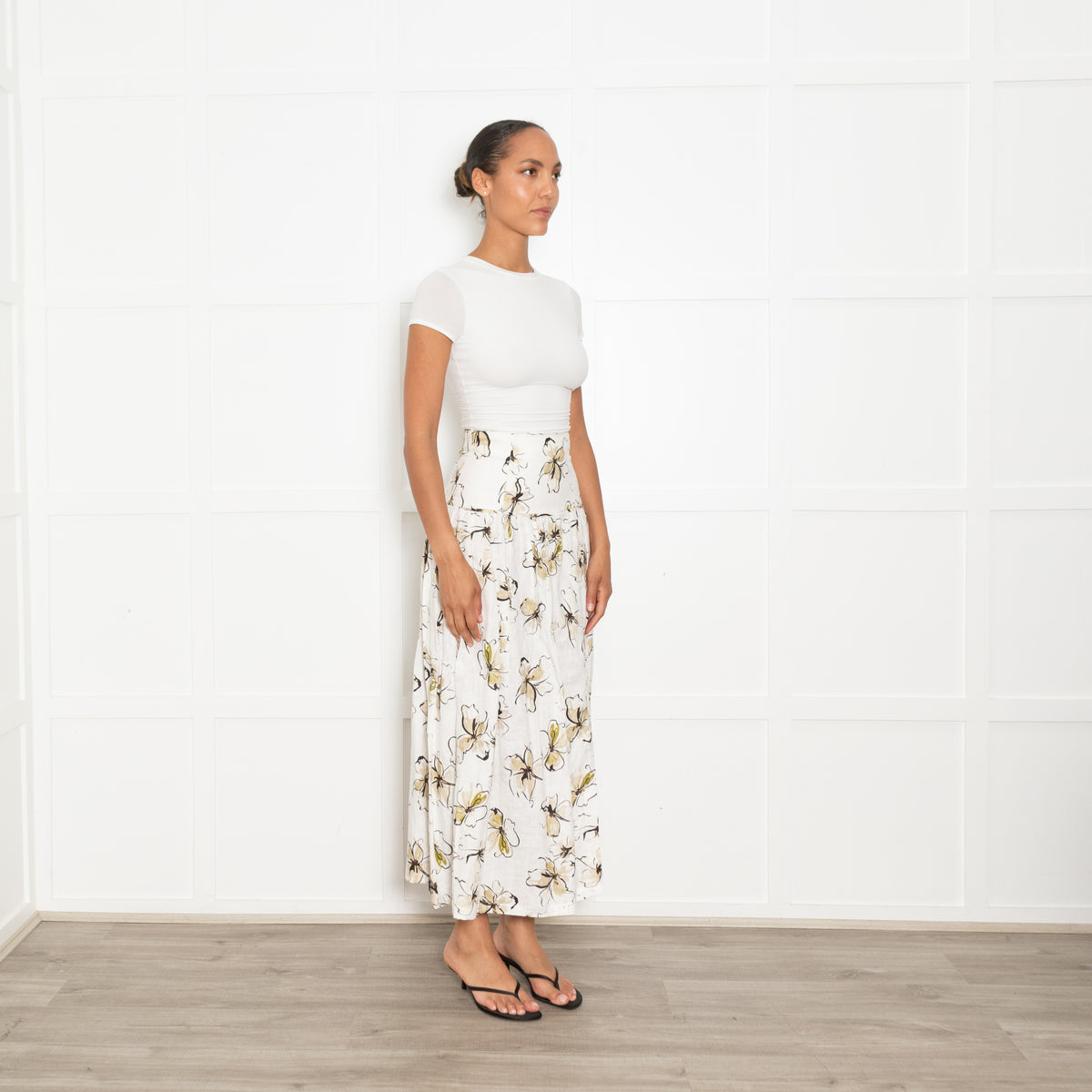 Bec + Bridge White Lily Print Linen Maxi Skirt UK 6