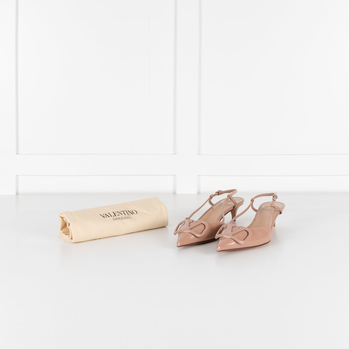 Valentino Nude Patent V Logo Kitten Slingback Sandals