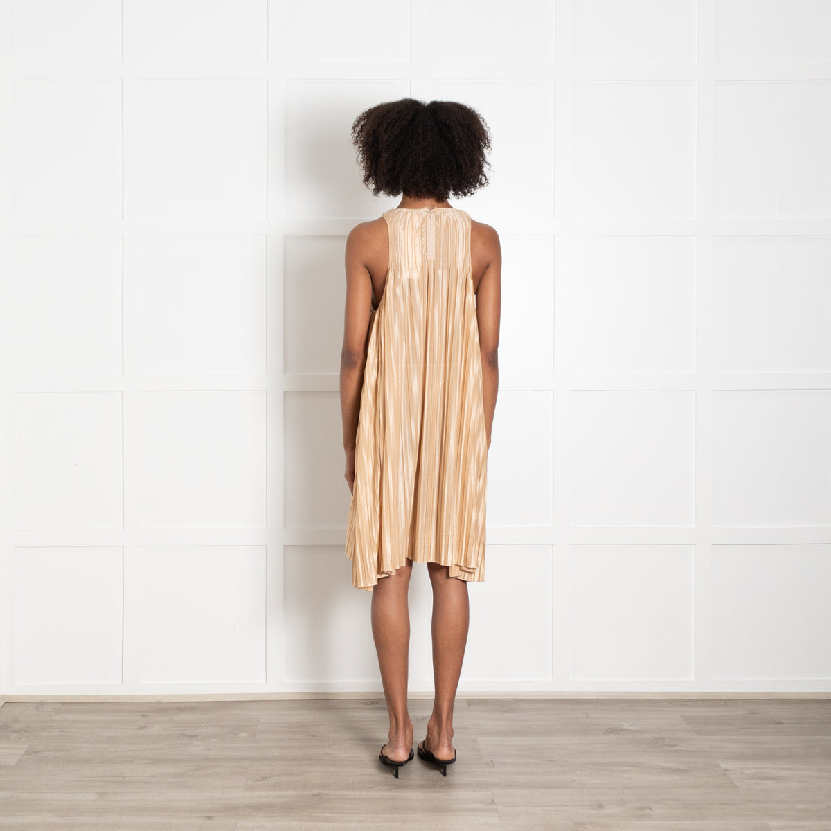 Chloe Light Tan Pleated Bow Detail Sleeveless Dress