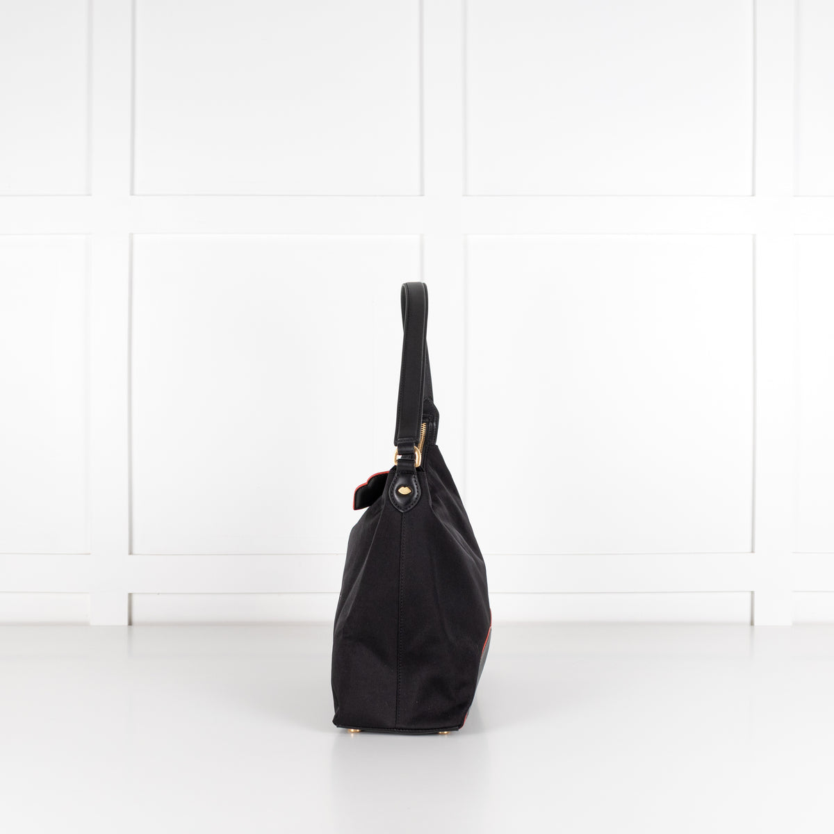 Lulu Guinness Black Canvas Shoulder Bag with Lips Charm
