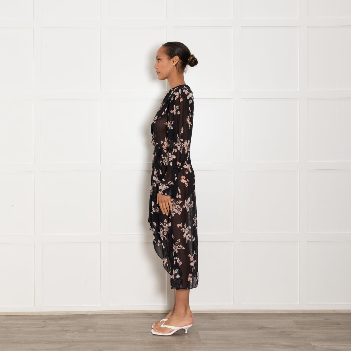 Iro Sheer Black Midi Dress with Pink Flowers