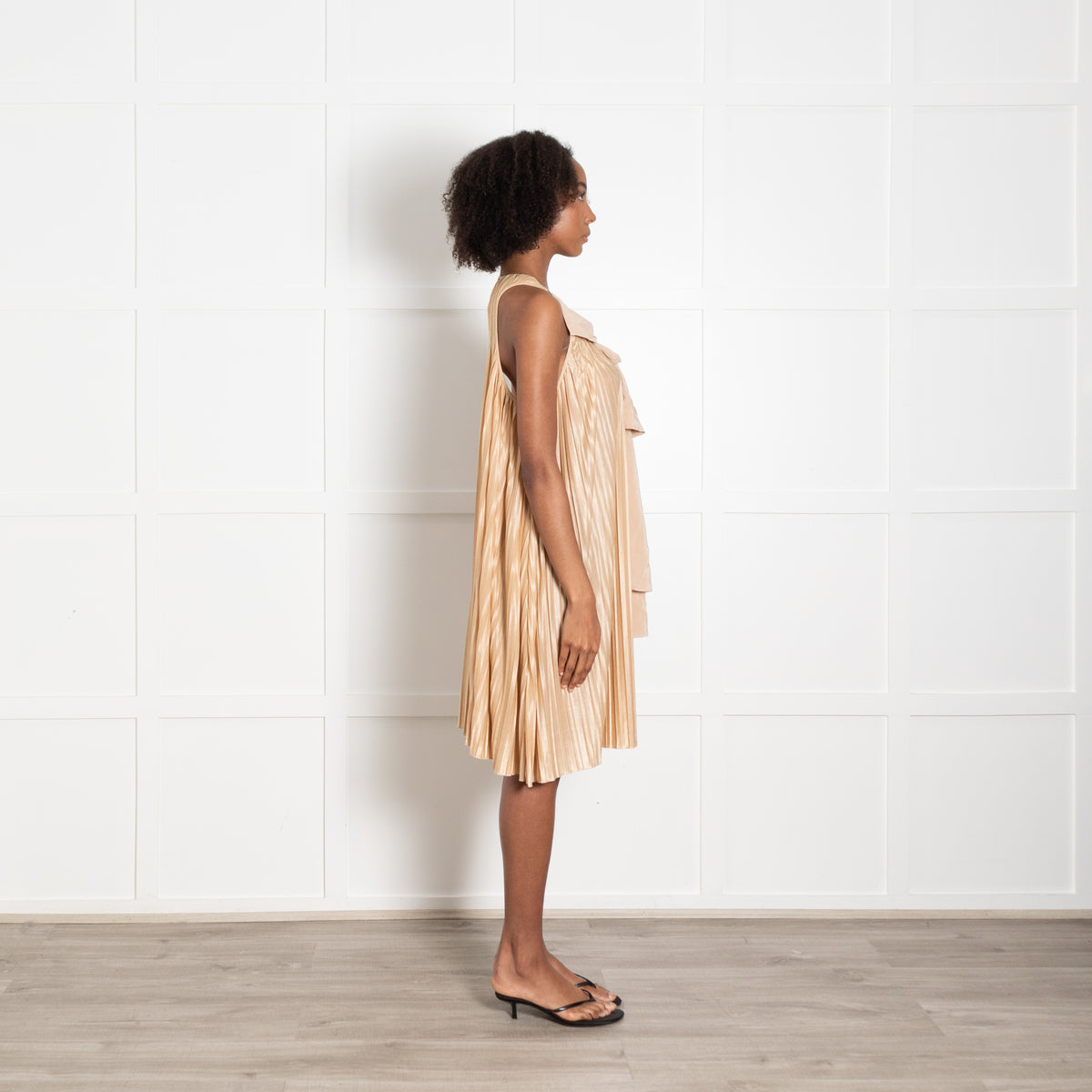 Chloe Light Tan Pleated Bow Detail Sleeveless Dress