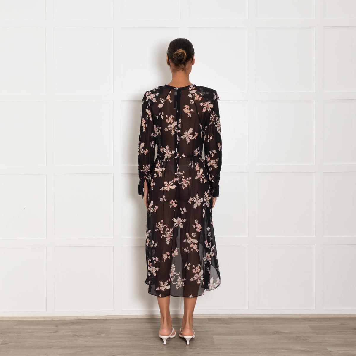 Iro Sheer Black Midi Dress with Pink Flowers