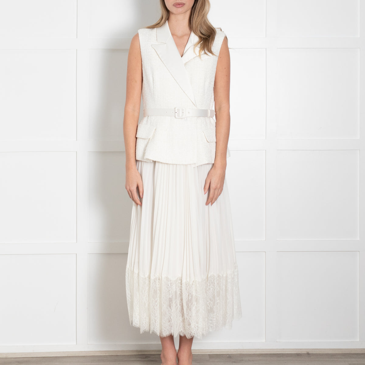 Self Portrait Cream Tailored Boucle And Chiffon Belted Dress