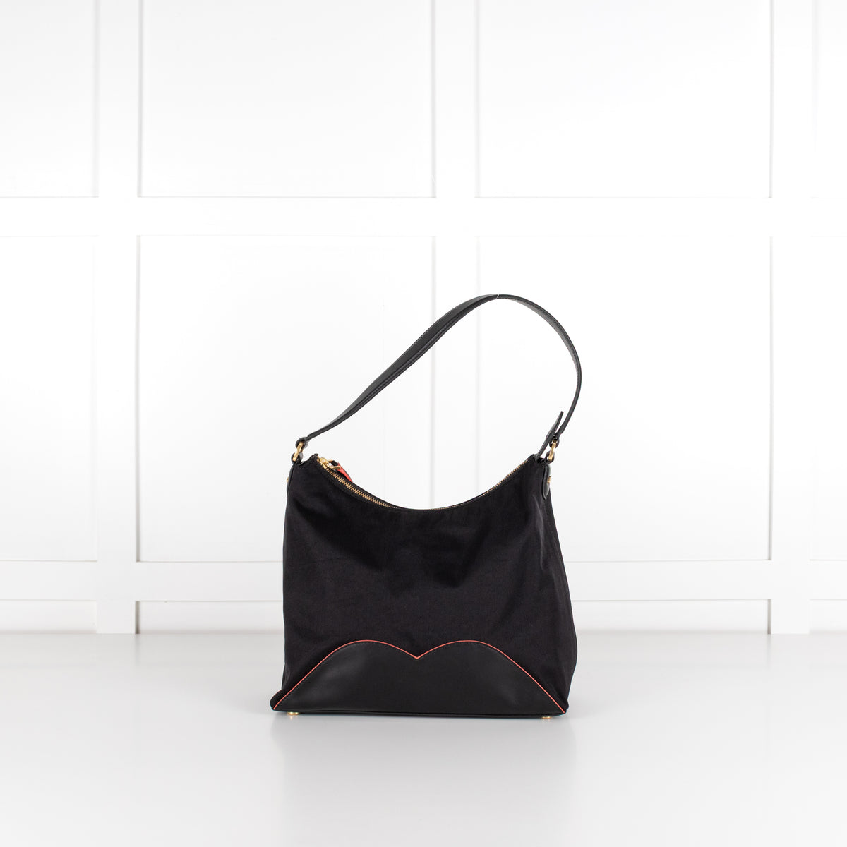 Lulu Guinness Black Canvas Shoulder Bag with Lips Charm