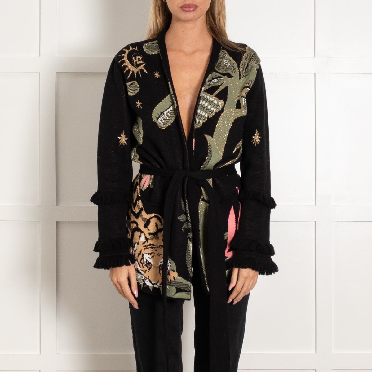 Hayley Menzies Black Tiger Print Wrap Cardigan
