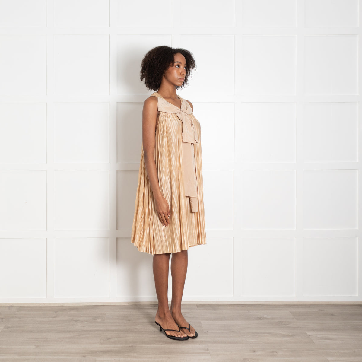 Chloe Light Tan Pleated Bow Detail Sleeveless Dress