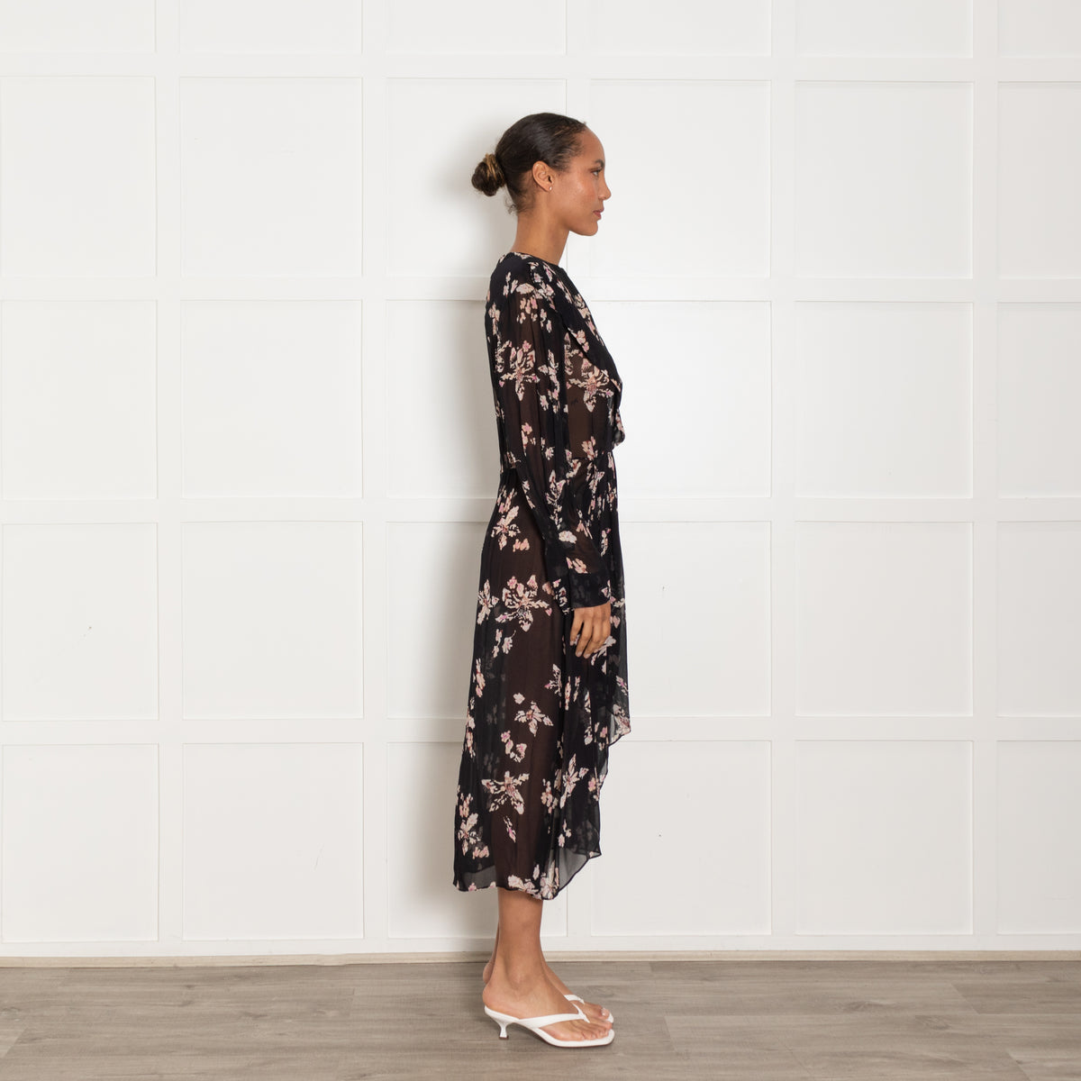 Iro Sheer Black Midi Dress with Pink Flowers