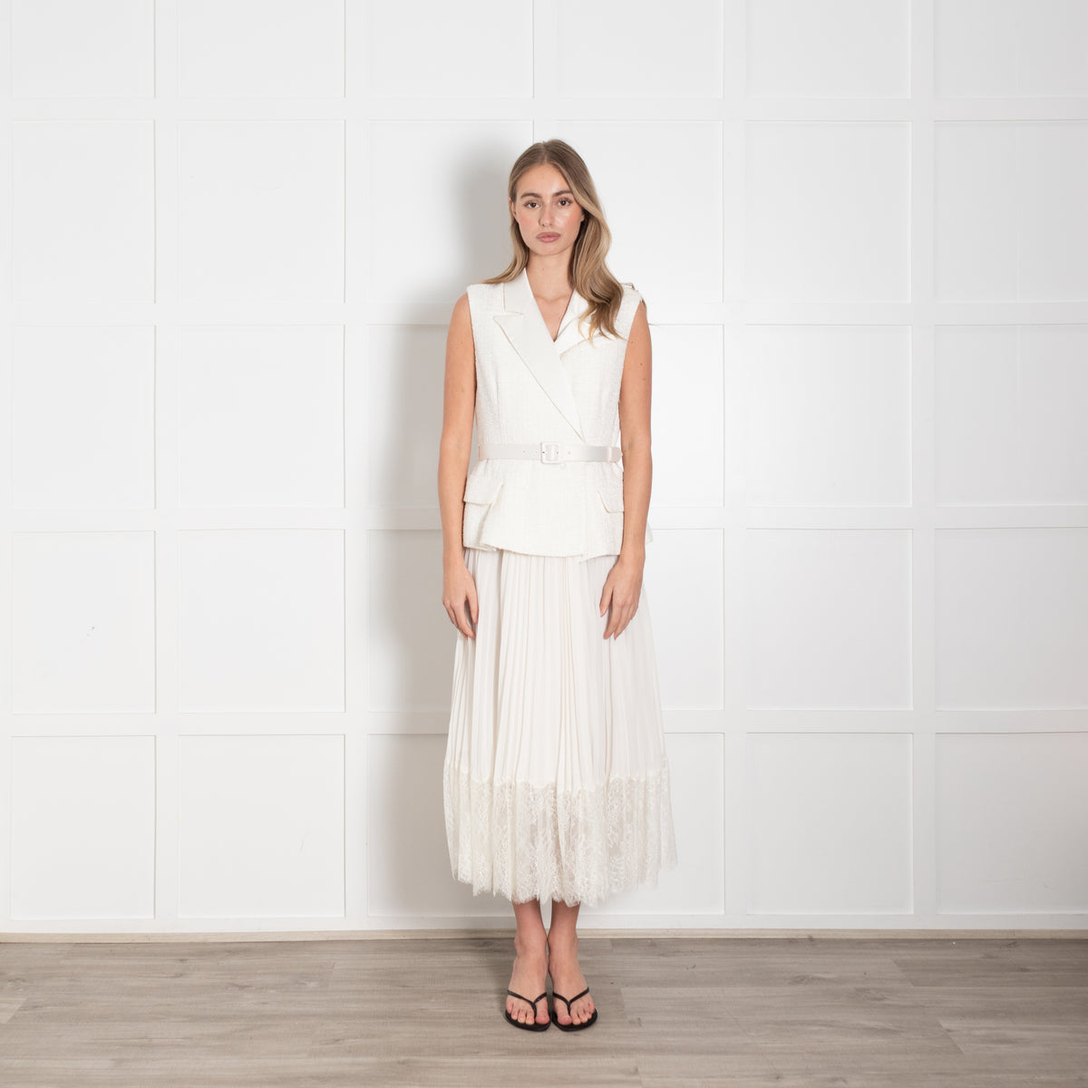 Self Portrait Cream Tailored Boucle And Chiffon Belted Dress