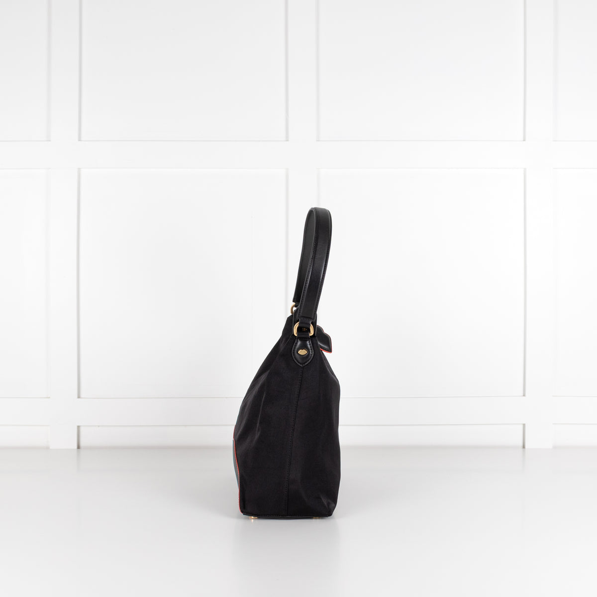 Lulu Guinness Black Canvas Shoulder Bag with Lips Charm