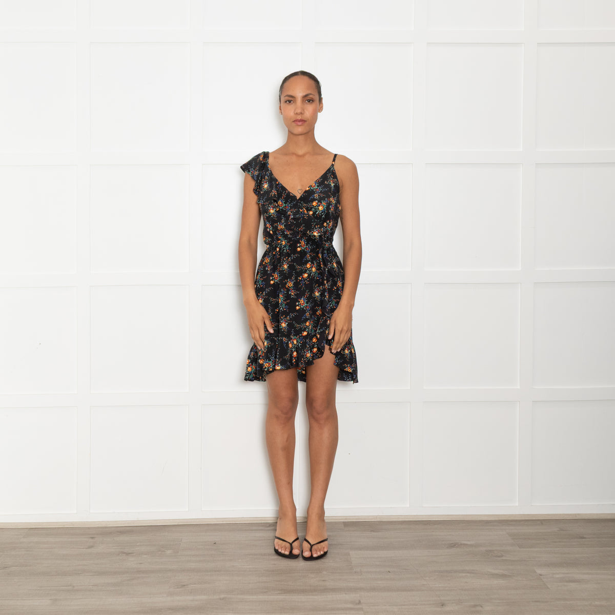 Sandro Black Yellow Floral Frill Detail Dress UK 10