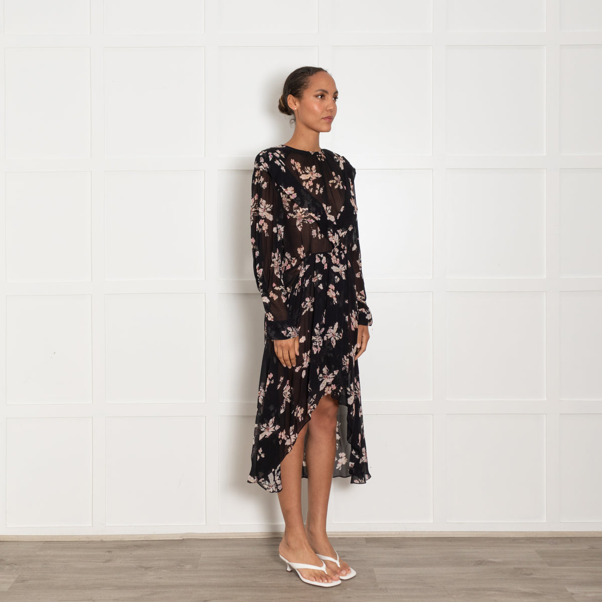 Iro Sheer Black Midi Dress with Pink Flowers