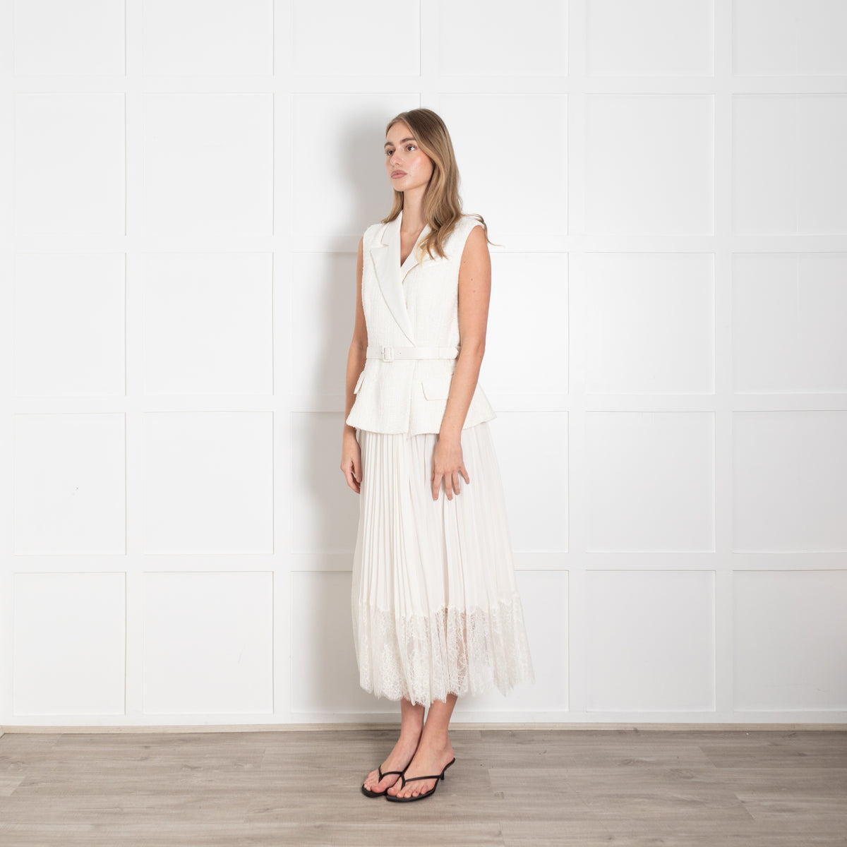 Self Portrait Cream Tailored Boucle And Chiffon Belted Dress