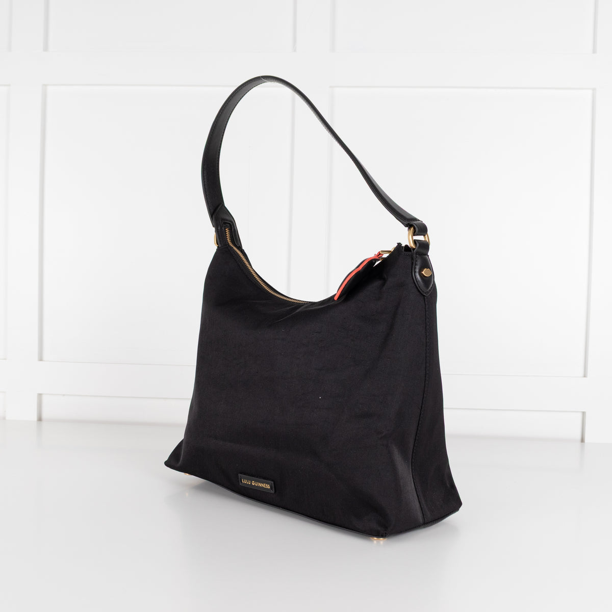 Lulu Guinness Black Canvas Shoulder Bag with Lips Charm