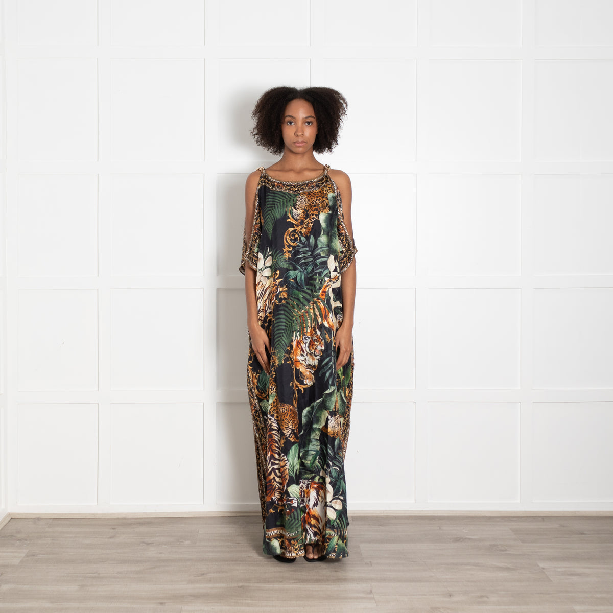 Camilla Black Green Orange Jungle Print Beaded Kaftan